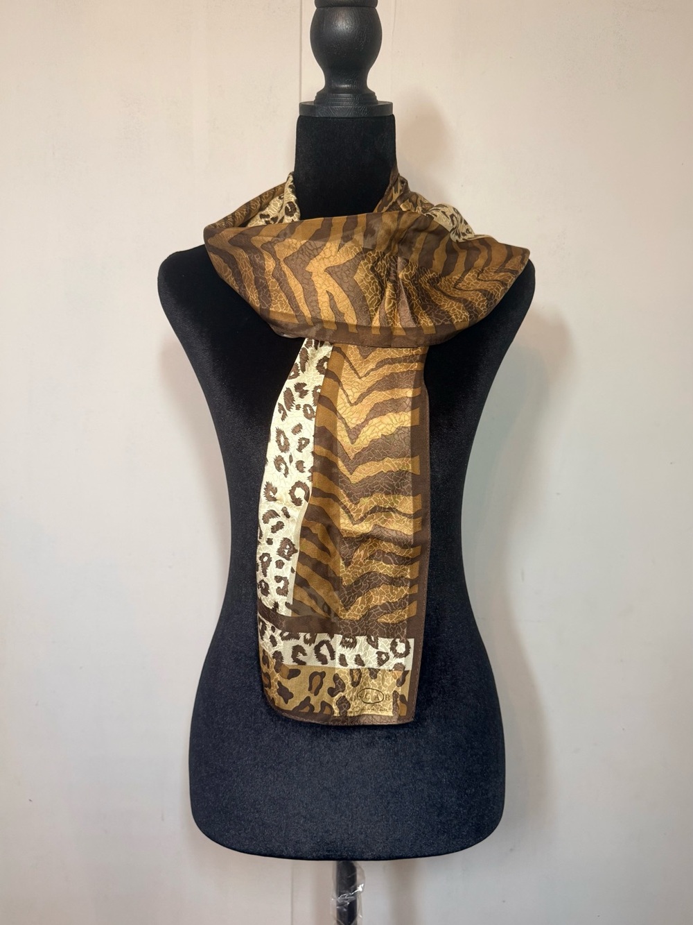 Oscar de la Renta Brown and Cream Animal Print Silk Scarf